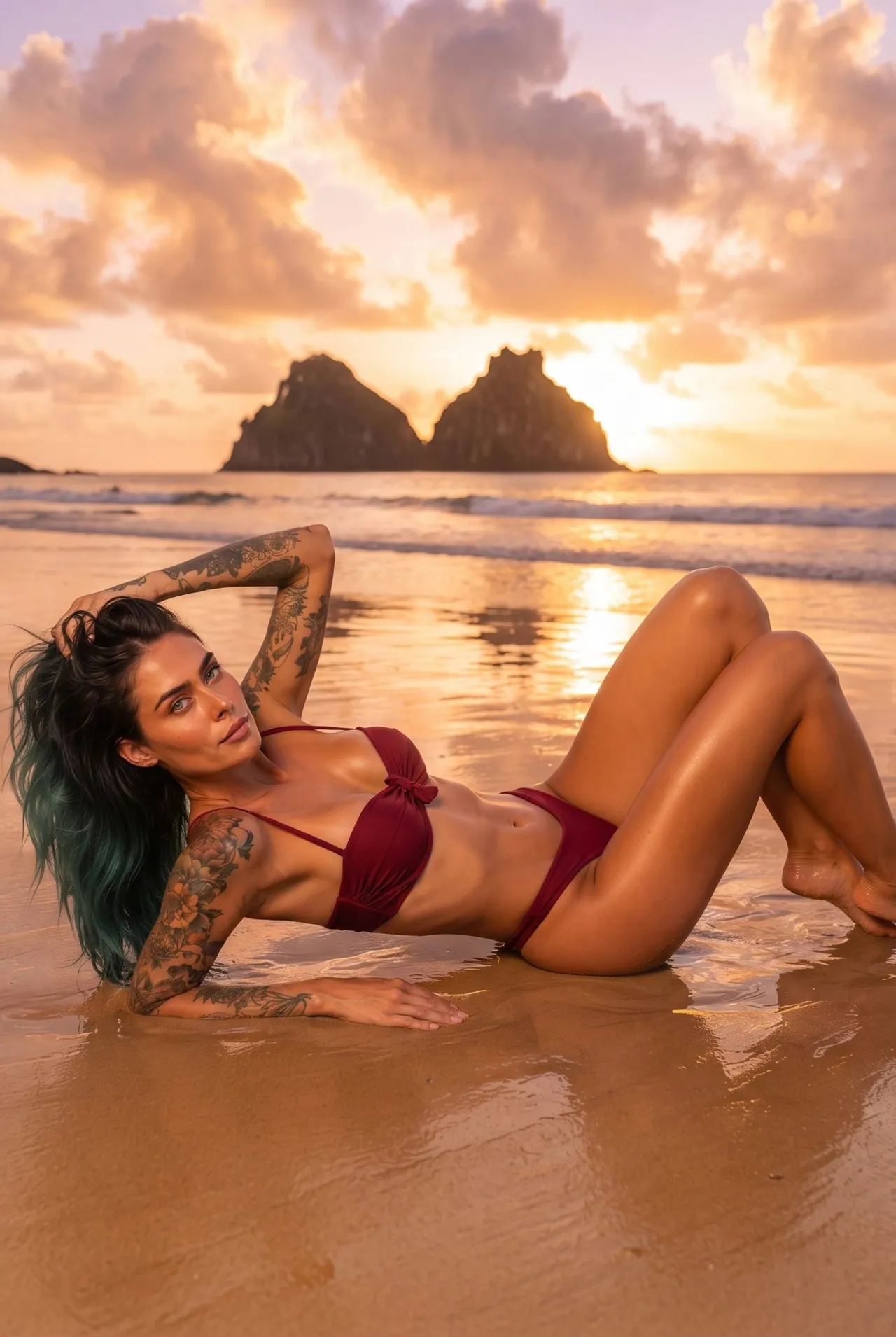 Miko Blue na praia ao pôr do sol