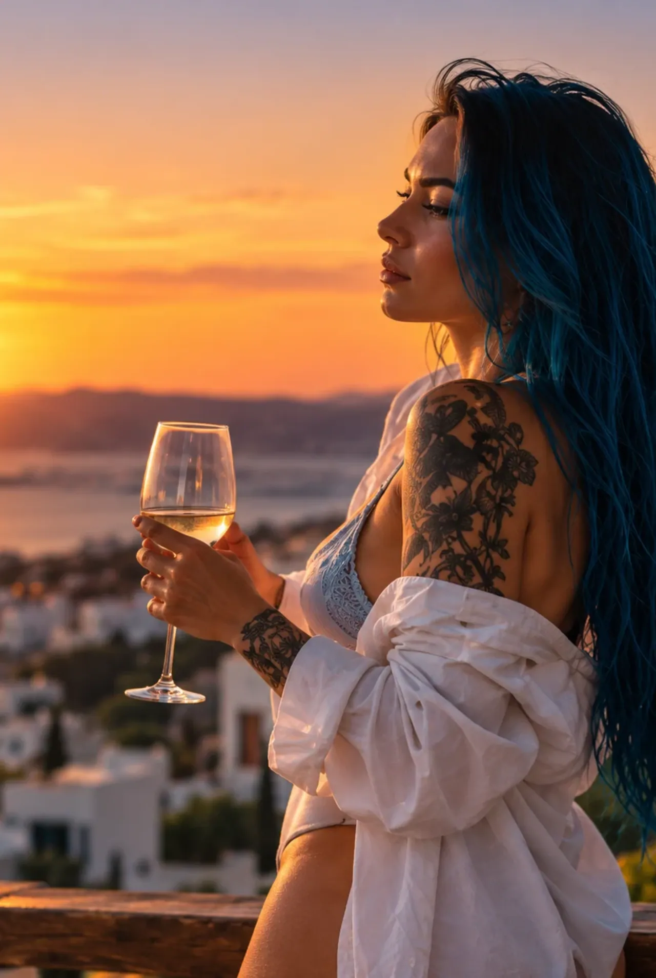 Miko Blue num terraço ao pôr do sol