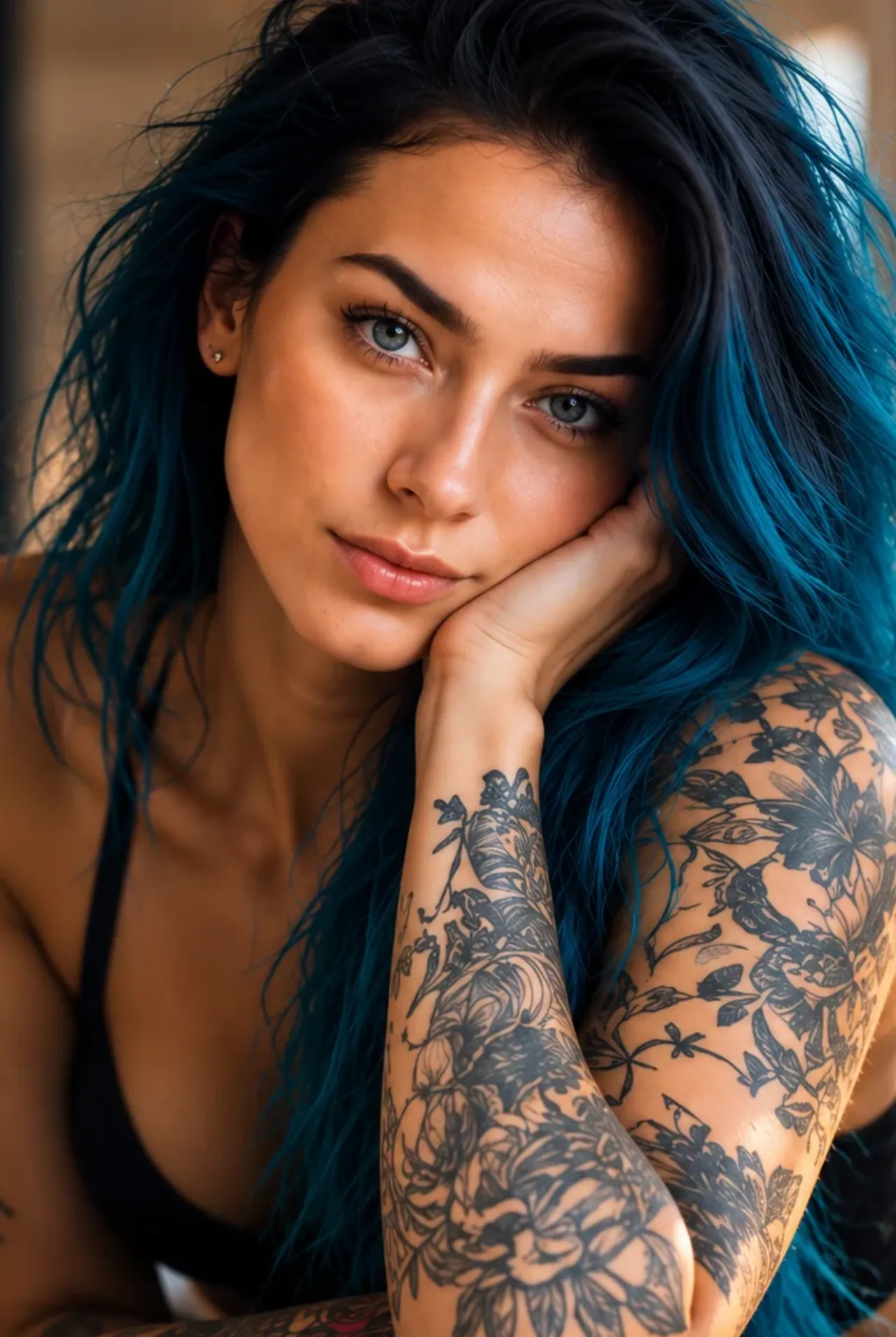 Miko Blue com o rosto apoiado na mão junto a uma janela