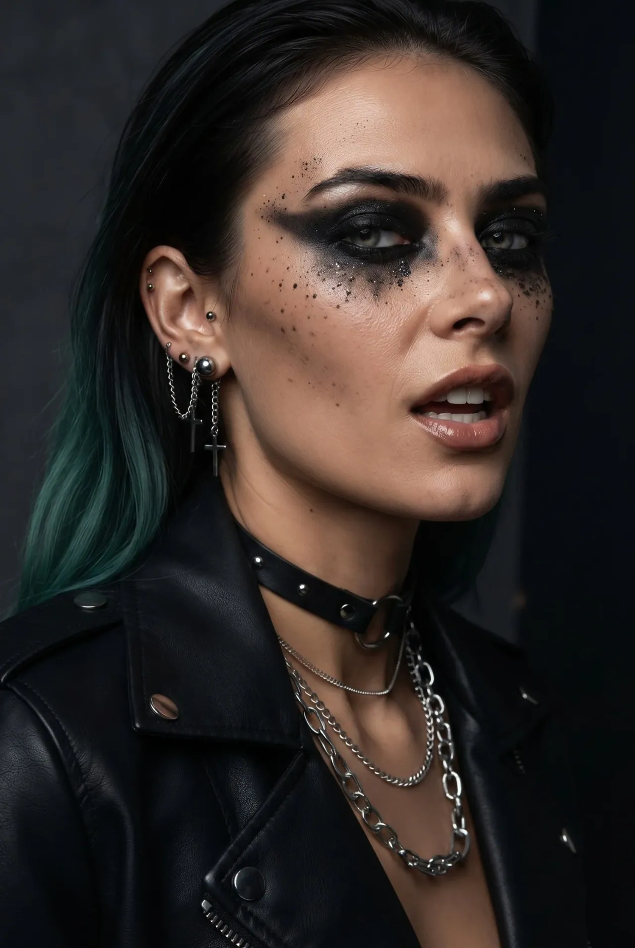 Retrato de Miko Blue com casaco preto e maquilhagem escura